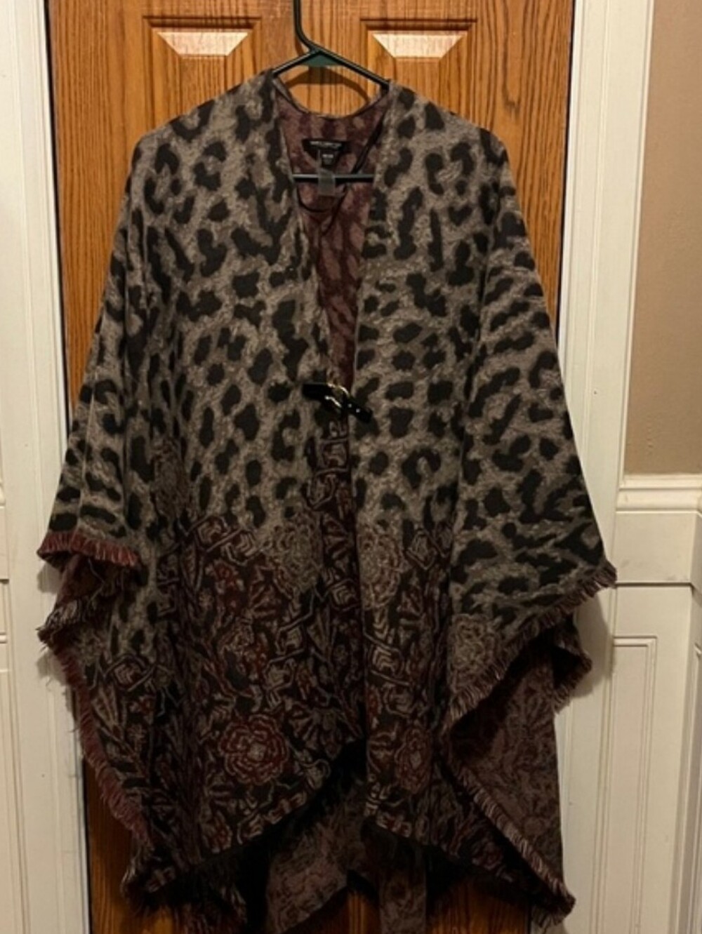 Andrew Marc Leopard & Floral Fringe Wrap Poncho in Brown and Gray